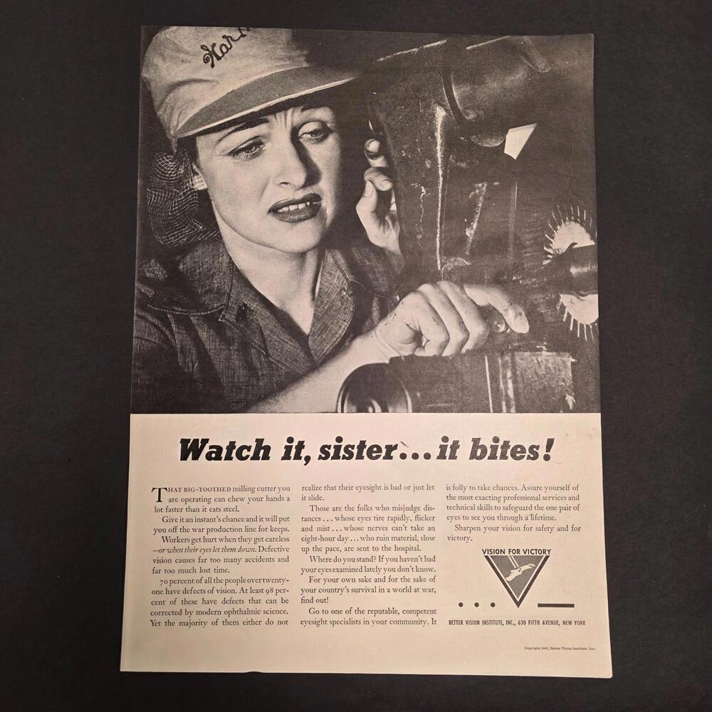 WWII Woman Worker Safety Advertisement Rosie Riveter Magazine Homefront Ad